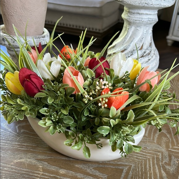 NEW! Spring Garden Colorful Floral Arrangement Centerpiece in White Ceramic Bowl - Picture 4 of 6